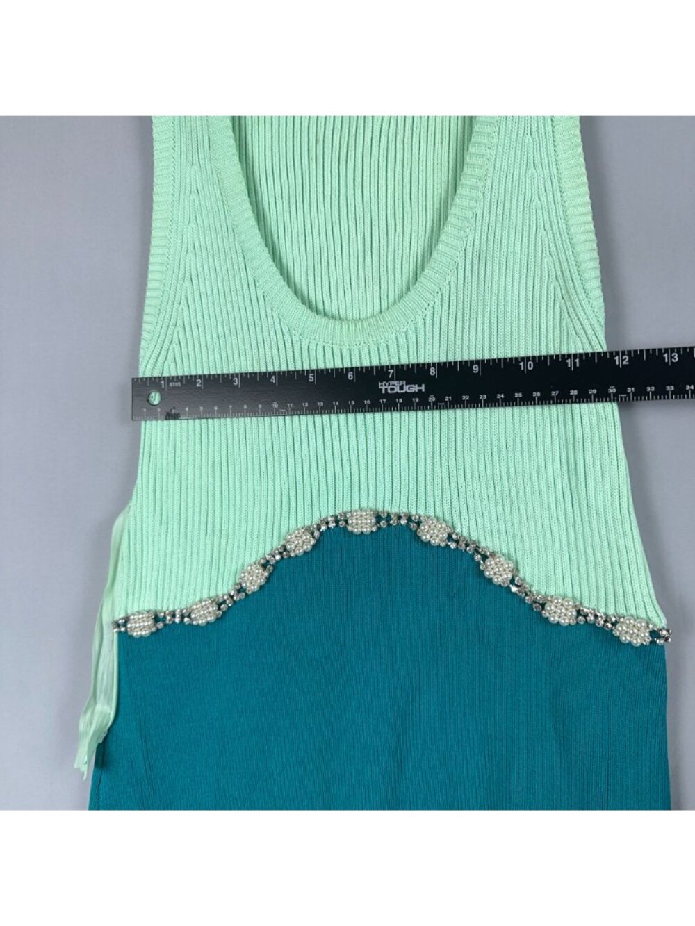 Zara Jewel Appliqué Dress Size Medium Mint Teal Sleeveless Rhinestone Pearl Trim - Picture 13 of 14